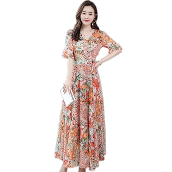 

2020 women summer long new print V-neck casual fashion pop dress ladies dresses robe femme 4XL