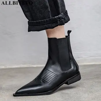 

ALLBITEFO real genuine leather women boots simple style ankle boots comfortable pointed toe Autumn Winter fashion leather boots
