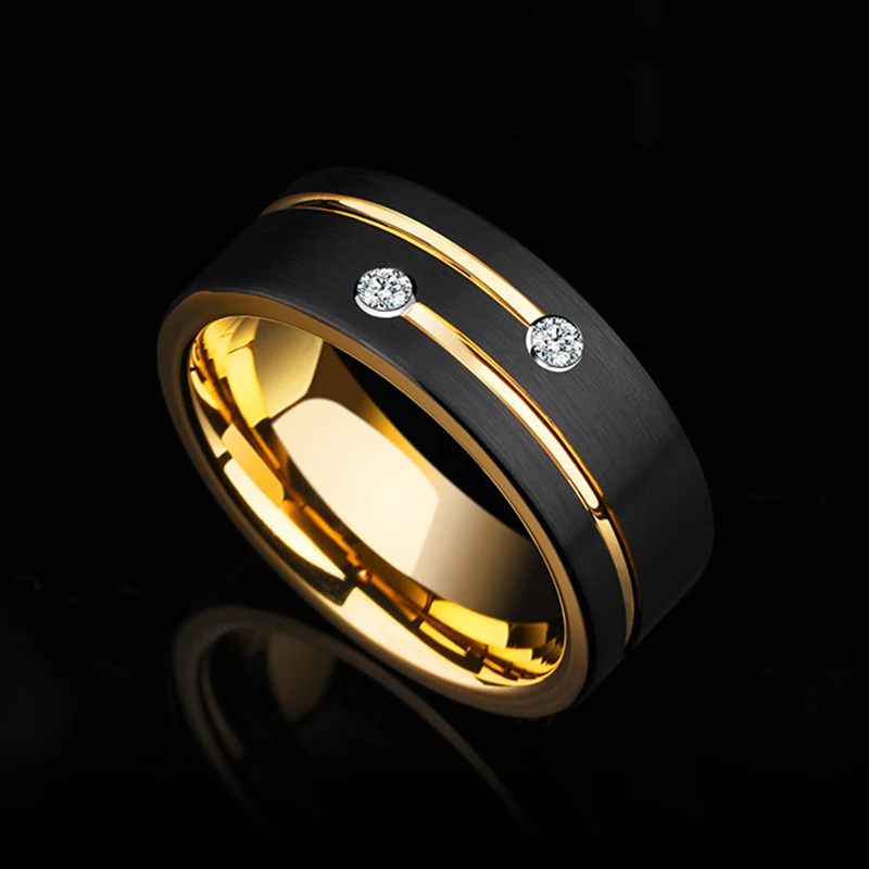 8mm Stainless Steel Gold Color Ring Crystal Wedding Band for Men's Engagement Party Jewelry Gift wedding rings