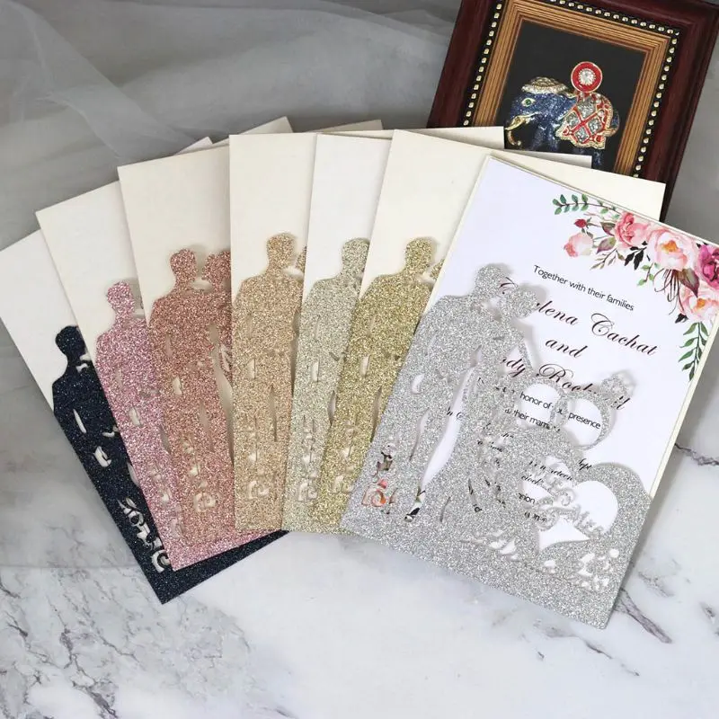  10pcs/set Glitter Laser Cut Ring Wedding Invitations Card Wedding Party Supplies Y1AB - 4.00029E+12