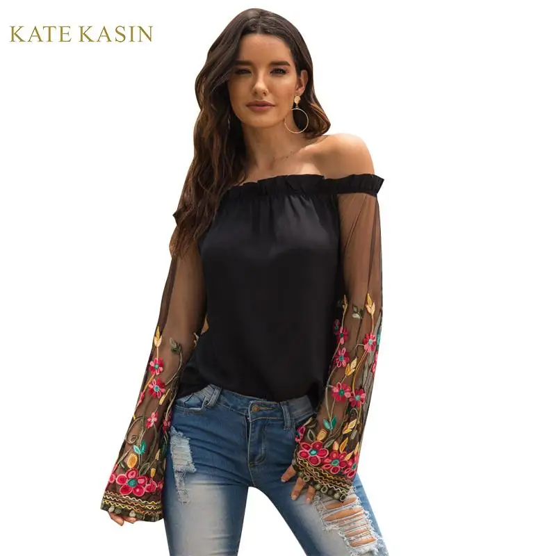 

Kate Kasin Sexy Women Off Shoulder Lace Floral Embroidery Splice Sleeve Top Blouse Summer Ladies Tulle Long Sleeve Black Tops