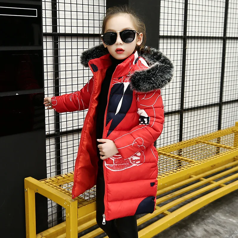 

Cotton-Padded Warm Girls Winter Coats 2019 New Zipper Hooded Casual Kids Down Jackets for Girls Prints Long Children Outerwear
