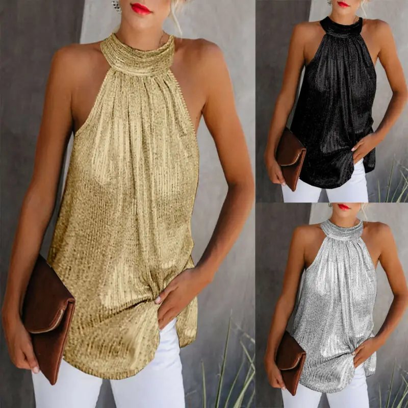 Women Gold Blouse 2021New Fashion High Neck Sleeveless Hatler Tank Top Vest Summer Casual Loose Blouse Shirt Tee