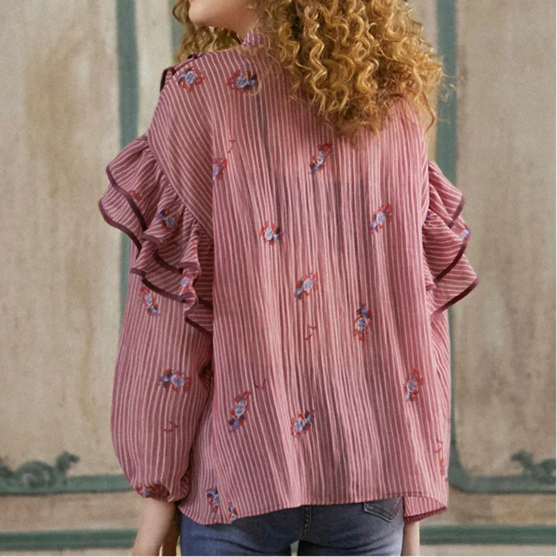 [EWQ] Summer New Pattern Office Lady Style Full Sleeve Retro Floral Ruffles Decoration Striped Pattern V Collar Shirt AF858
