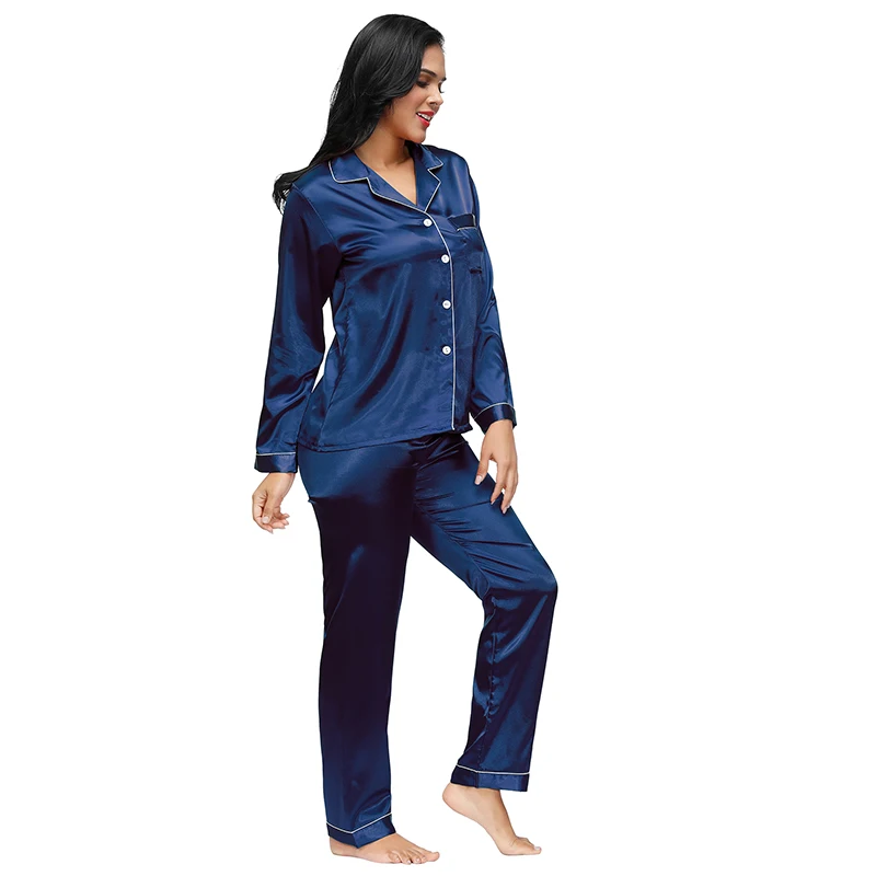 Ohyeahlover Autumn Female Pajama Sets Faux Satin Silk Cozy Sleepwear Home Suit Long Sleeve Plus Size Elegant Two Piece RL80895