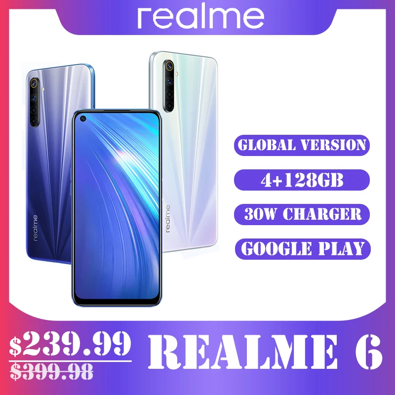 

Realme 6 Global Version Mobile Phone 4GB 128GB 90Hz Display Helio G90T smartphone 30W Flash Charge 4300mAh 64MP Camera Cellphone