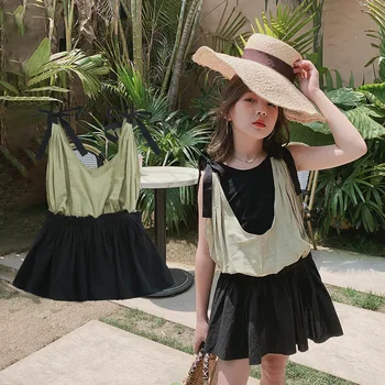 

2020 summer new girls' double shoulder tied Korean stitched contrast dress