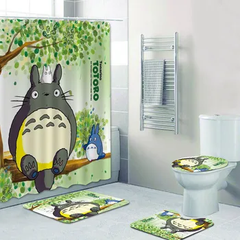 

My Neighbor Totoro Shower Curtain Set for Bathroom Curtain and Mats Rugs Carpet Toroto Sitting on Tree Bath Curtains Home Decor