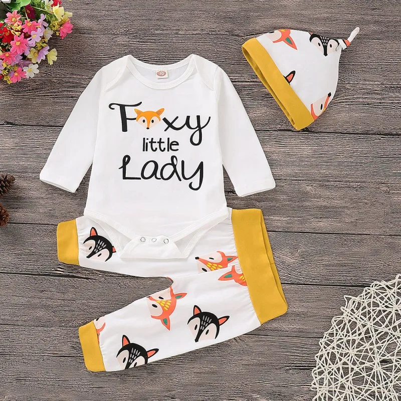 

0-18M Autumn Baby Boy Girl Long Sleeve Letters Romper Tops Animal Print Trousers Hat Outfits Clothes