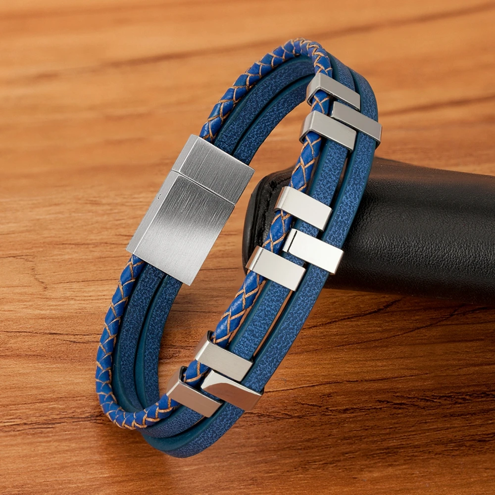 Stainless Steel Men's Leather Bracelet Three-Layer Stitching Accessories Black Brown Blue Color Advanced Design Style Gift