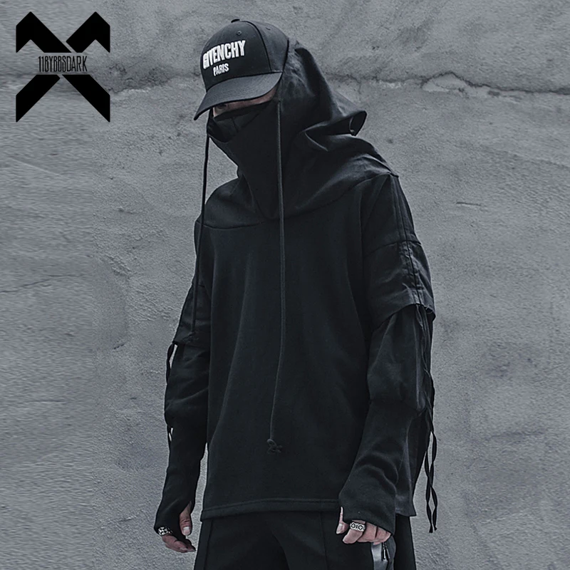 

Streetwear Men Loose Hoodies Hip Hop Batwing Sleeve Wizard's Pullover Fake Two Darkwear Tops Techwear Sweatshirt Black WB227