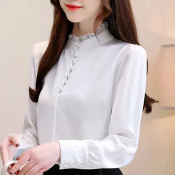 

New Fashion WomenCasual Slim Ladies Clothing Chiffon Blouse Autumn Long Sleeveclothing stand-neck Blousestops