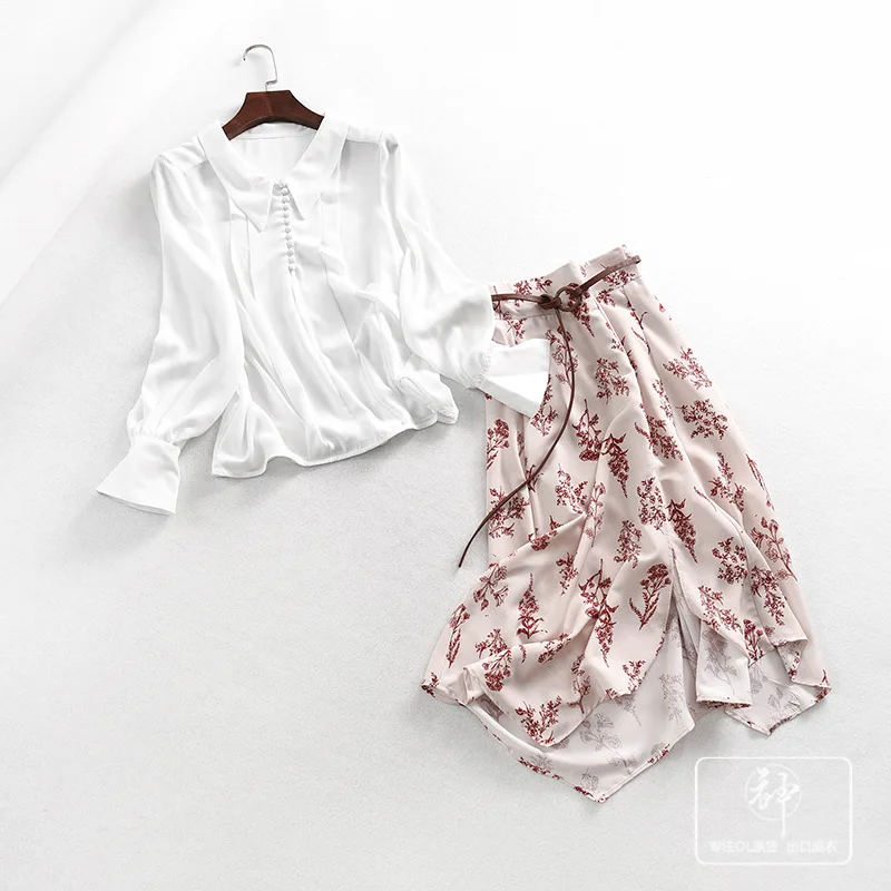 

One's Gentle Elegant Chiffon Shirt + Irregular Floral-Print Skirt Set Entity