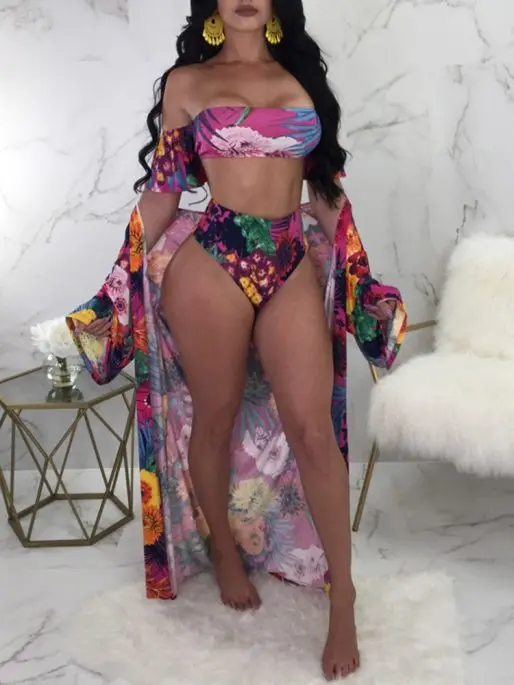 

2020 Bikini Blue Sexy Swimsuit Thong Women Push Up African Swimwear Micro Floral Print Strappy Bathing Suits
