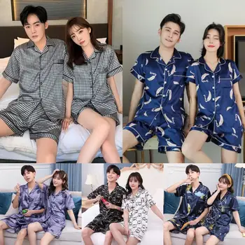 

Lovers Summer Pajamas Couples Unisex Silk Sleepwear Soft Pyjama Sets Nightgown Women Pajama Sets Long Sleeve Men Lounge Pijamas