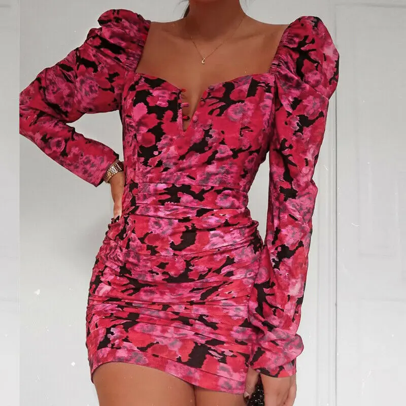 

Hirigin Spring Fashion Women Sexy Floral Puff Long Sleeve Square Collar Skinny Short Mini Dress Evening Party Elegant Dresses