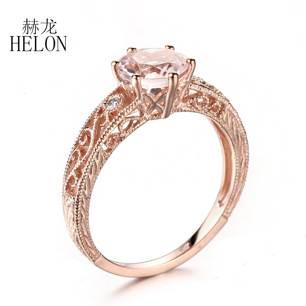 HELON Solid 10 к розовое золото безупречный круглый 1.37ct натуральный морганит и алмаз обручение драгоценный камень для женщин Винтаж ювелирные украшения кольцо