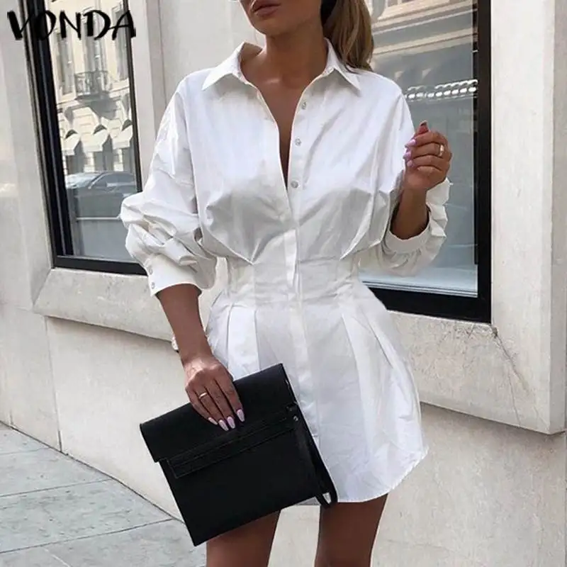 

VONDA 2019 Summer Shirt Dress For Women Vintage Turn-down Button Office Short Sleeve Mini Dresses Female Casual Dress Vestidos