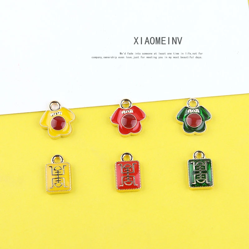 

10 Pcs 2019 Chinese style alloy drip oil cartoon clothes ancient text rectangular pendant earings for girls jewelry accessories