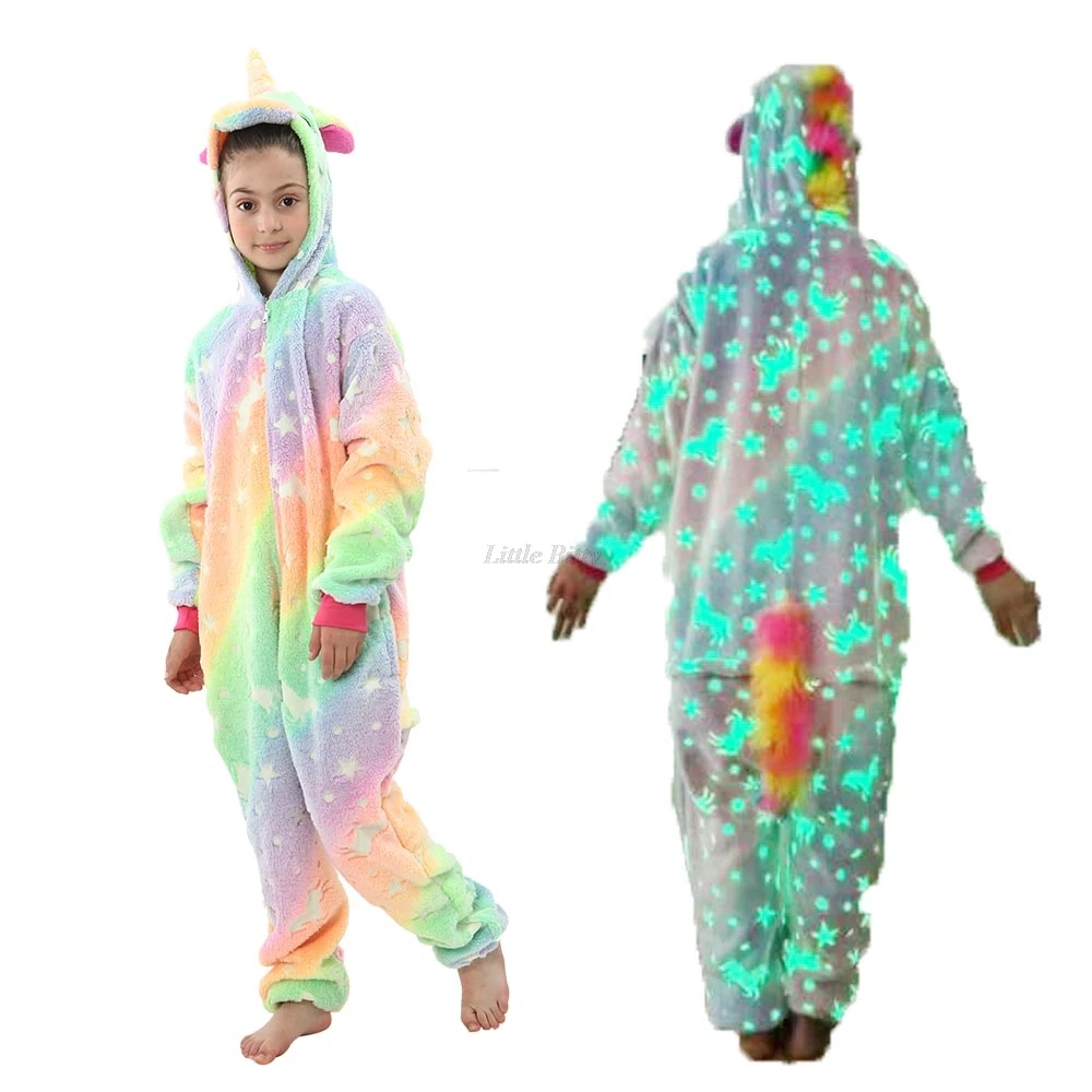 Glow in Dark Kigurumi Pajamas Girls Unicorn Onesies Pajamas Kids Pyjamas for 4 to 12 Years Hooded Jumpsuits Kigurumi Unicorn