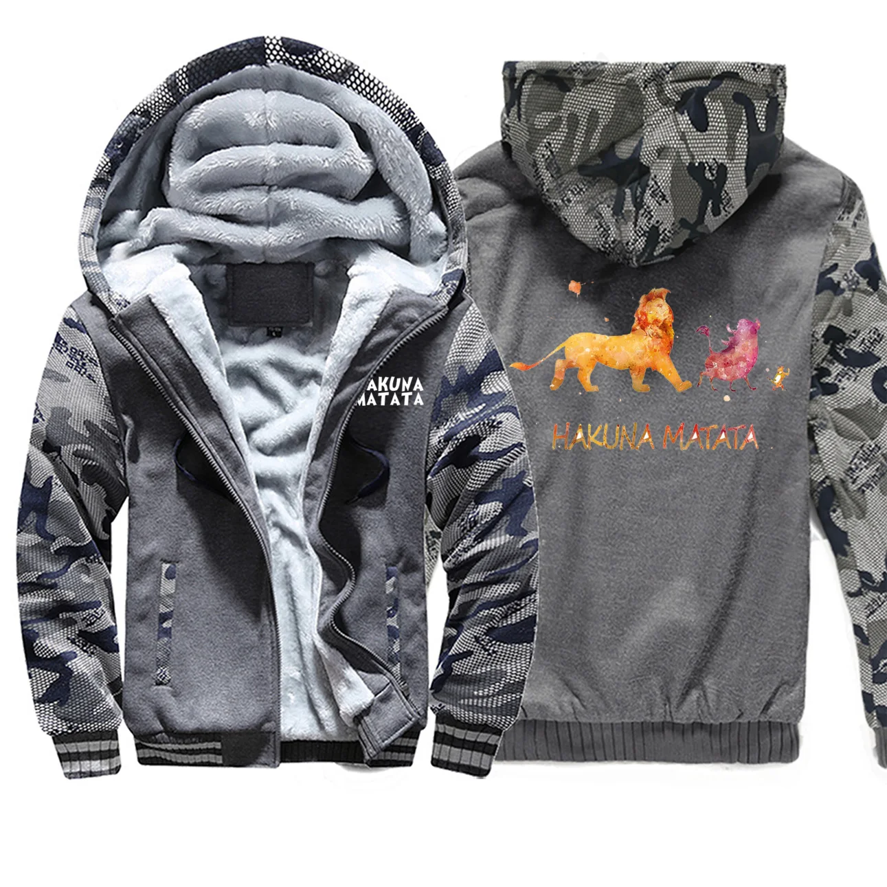 HAKUNA MATATA, куртка с мультяшным принтом, камуфляж, плотные толстовки, Король Лев, Мужская толстовка, повседневная мужская зимняя Флисовая теплая куртка - Цвет: Dark Gray 6