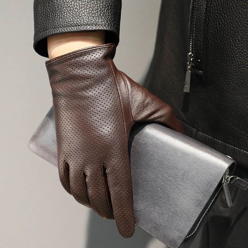 Men\'s Thin Genuine Leather Fit Gloves Male Breathable Soft Fashion Classic Goatskin Autumn Unlined touch screen Driving Gloves