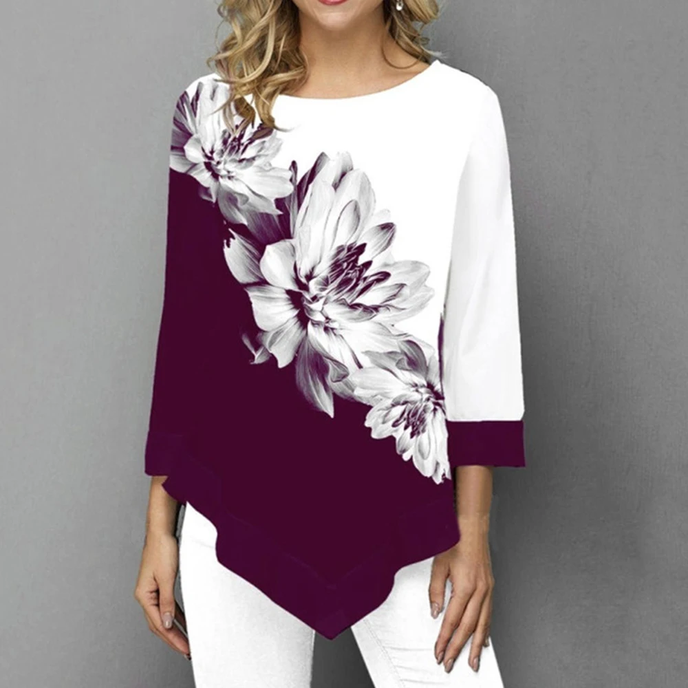 

MoneRffi Shirt Women Spring Autumn Printing O-neck Blouse 3/4 Sleeve Casual Hem Irregularity Female fashion shirt Tops Plus Size