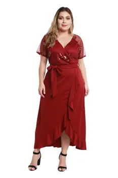

XL-5XL Plus Size Deep V Neck Chiffon Ruffle Solid Long Dress Fashion Lady Big Size Leisure Elegant Dress With Sash Sequined