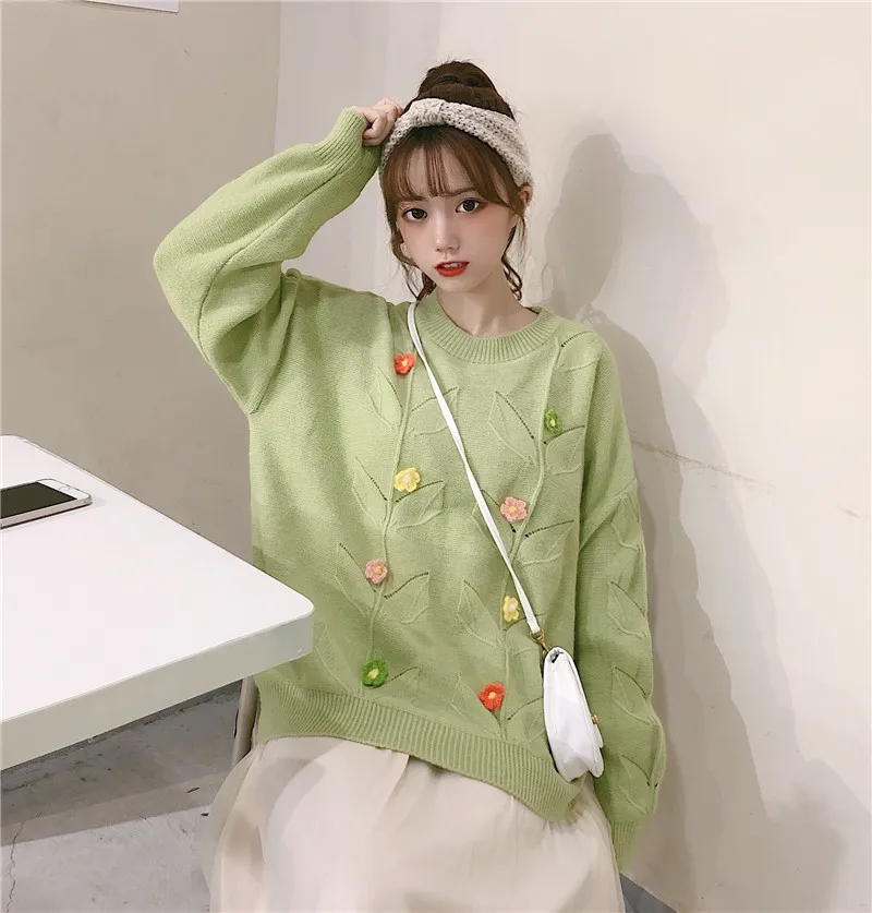 Green Kawaii пуловер в студенческом стиле, небольшой свежий свободный свитер с цветочным украшением и длинными рукавами, Женская Корейская Милая свободная одежда для девочек - Цвет: Green