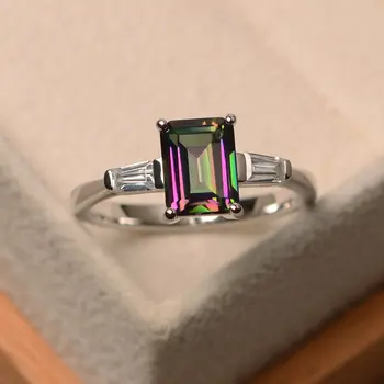 

2020 New S925 Sterling Silver Inlaid Colorful Rectangular Ring Temperament Noble Ladies Fashion Simple Ring Wholesale