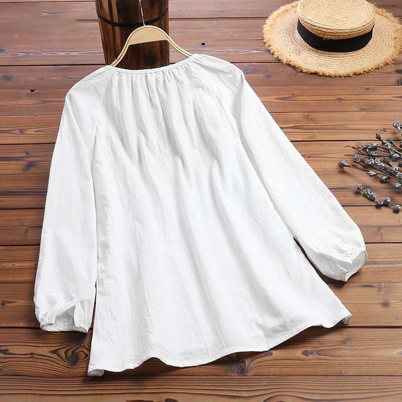  Women Vintage Embroidery Floral Shirt Blouse Spring Autumn V Neck Long Sleeve Ladies Tops Blouses P