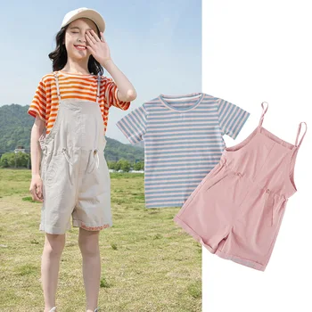 

Girls Summer Clothing set Cotton Striped T Shirt with suspender Shorts for Teen Girls Casual Outfits For 4 6 8 10 12 14 Years