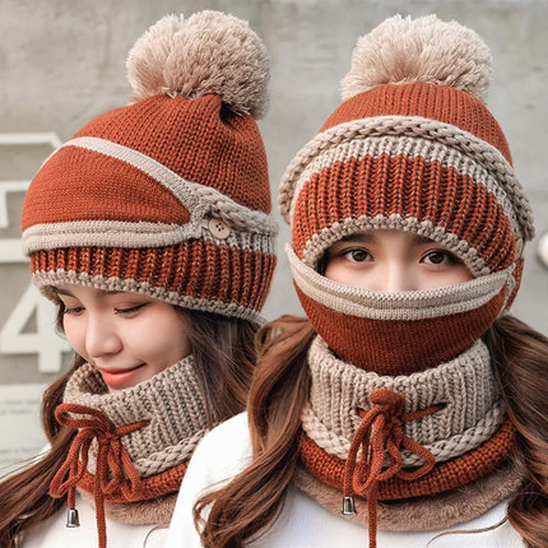 2018 women hat scarf winter sets cap mask collar face protection girls