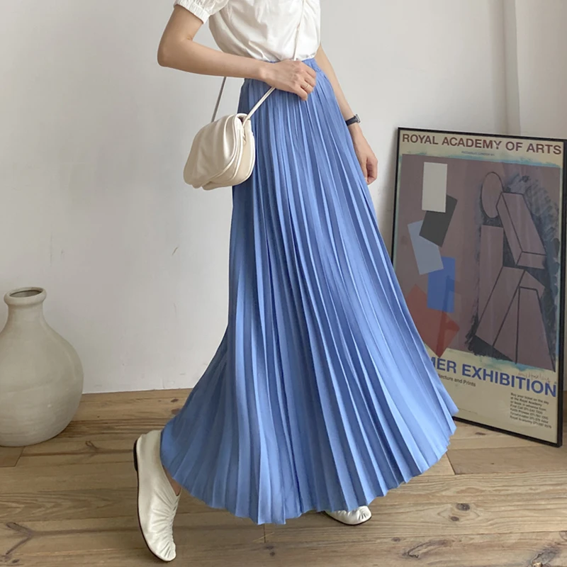 21女性のファッションプリーツスカート6色春夏ピンクボヘミアンaラインハイウエスト韓国ブルーロングスカート服女性 Aliexpress レディース衣服