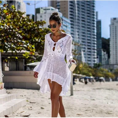 

Spring Summer Europe And America New Style Knitted Hollow out Beach Cover-up Holiday Bikini Bathing Suit Sun Protection Clothing