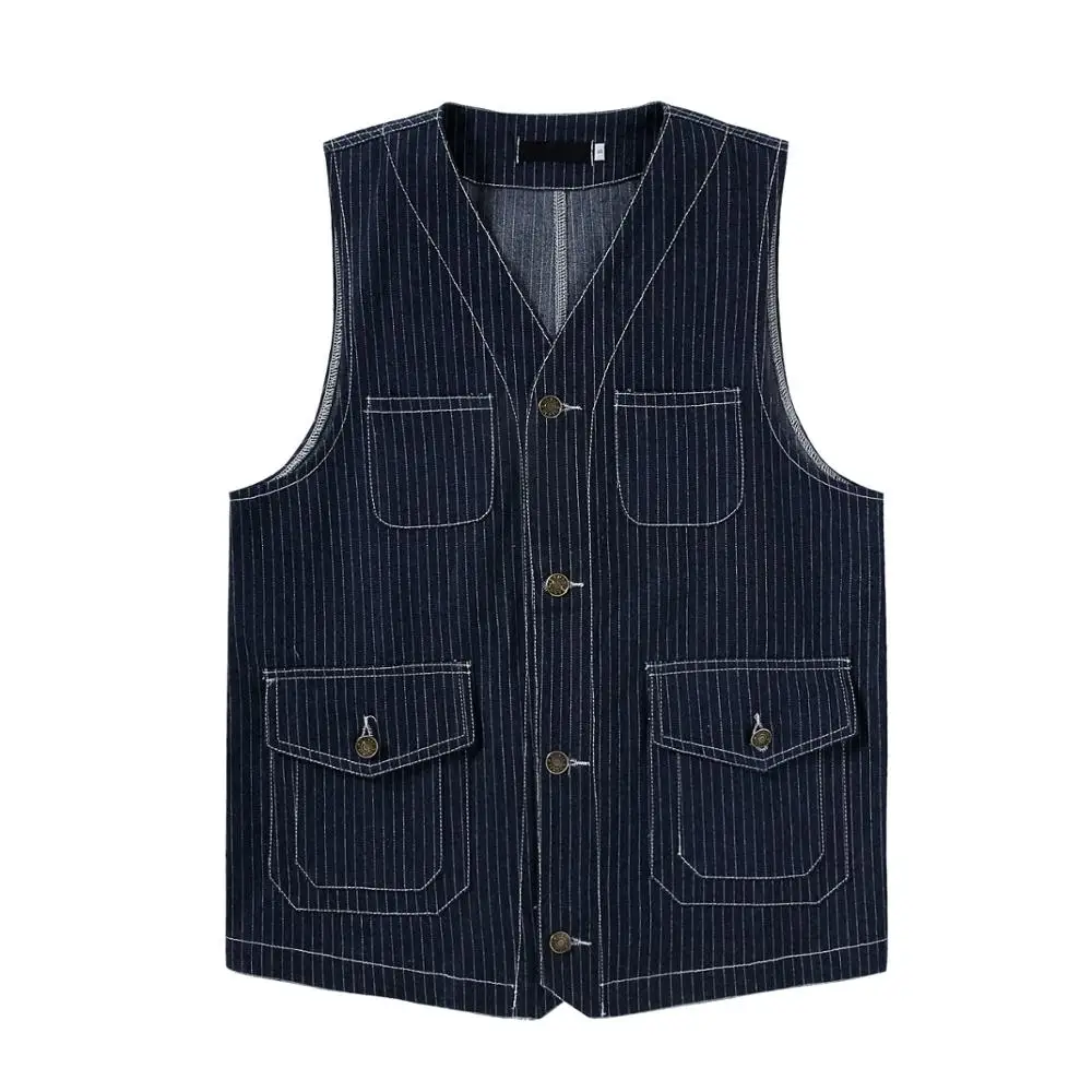Rayas verticales hombres chaleco Japón Amekaji Multi-chalecos con bolsillo 2020 marca Casual sin mangas carga chaqueta chaleco S-XXL