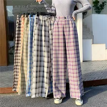 FAKUNTN Simple Vintage Plaid Causal Long Women Pants Street Fashion Straight Wide Leg Pant