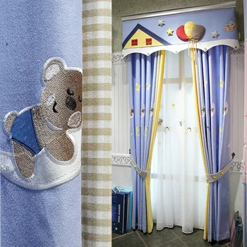 

Customized Curtains for Kid's Bedroom Embroidery Drapes for Children Cartoon Curtain with Valance Blue Blinds with Bear Balloon