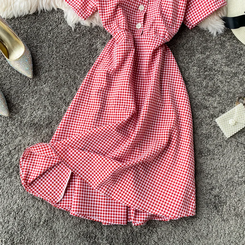 Teeuiear Slim Vintage V Neck Plaid Print Button Dress Slim ladies Summer Midi dress vestido de festa Party Women a-line Dresses