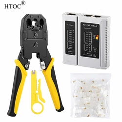 Htoc cabo testador rj45 crimp ferramenta kit cat5 cat6 ferramenta de friso com 100 pçs cat5 conectores plug mini fio stripper
