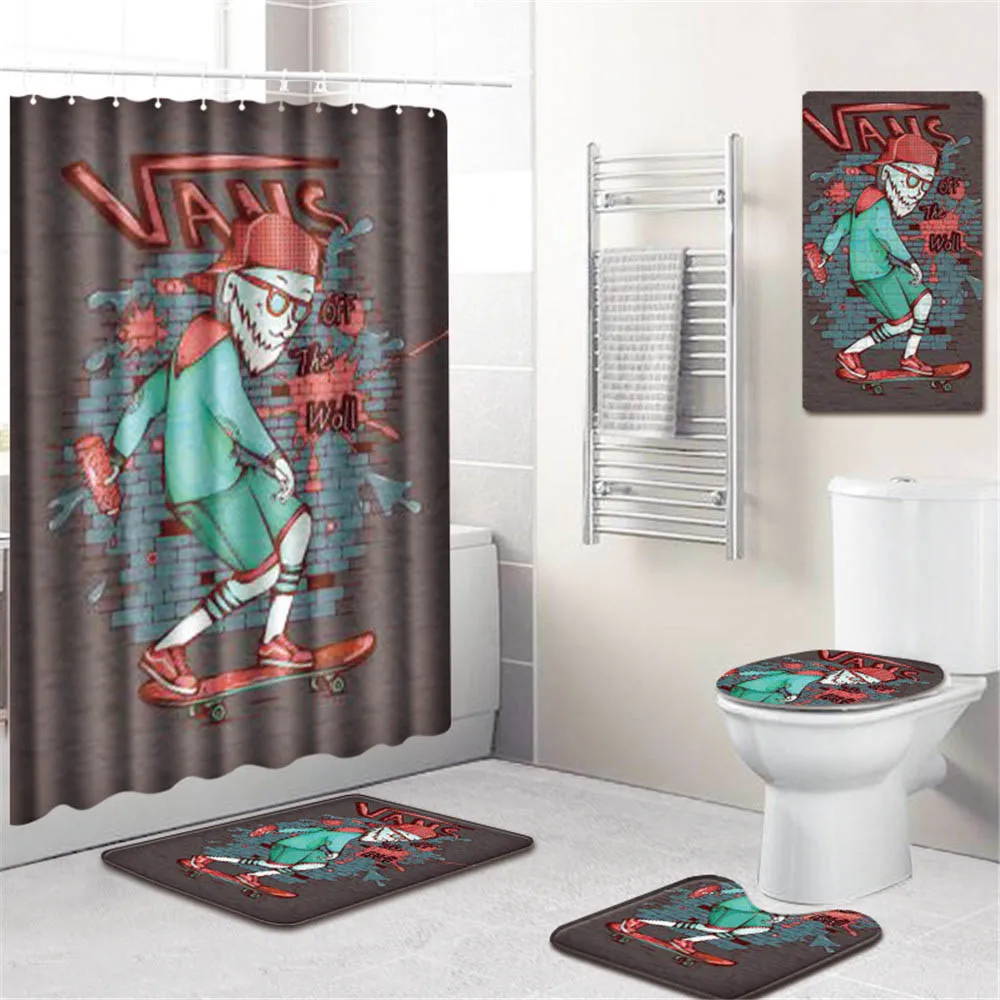 

3D Funny Painting Print Waterproof Bathroom Shower Curtain Polyester PVC Non-slip Bath Mat Modern Rug Carpet Toilet Cover Pad