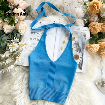 

Women knitted top tank Crop top sexy backless halter thin summer top