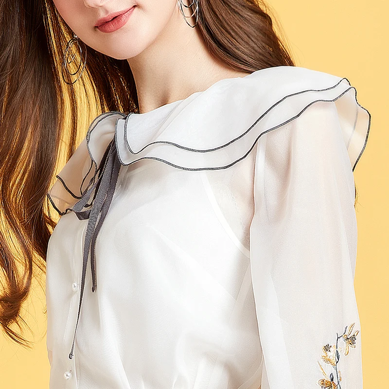 ARTKA 2020 Spring Summer New Women Suits Elegant Embroidery Ruffles Blouse 2 Piece Set Women Chiffon Shirt With Skirts SA25101X
