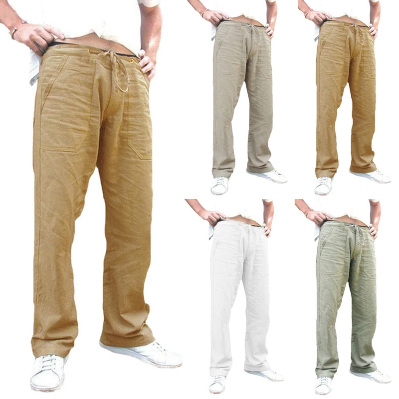 Hokny TD Mens Relaxed Fit Leisure Linen Straight Fit Elastic Waistband Solid Color Pants