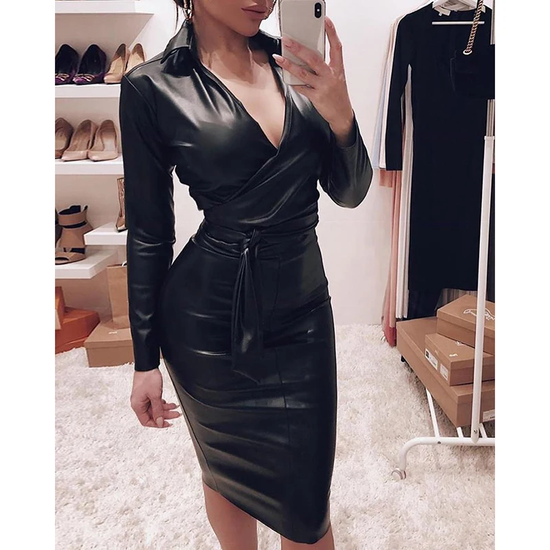 

Women Plunge Bowknot Detail Long Sleeve Bodycon Dress Sashes PU Leather Dress Autumn 2019 Slim Fit Black Dresses Vestidos