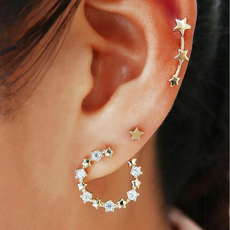 

3 pcs Trendy Stars Crystal Circle Piercing Earrings Set for Women Lovely Gold Color Small Round Zircon Ear Studs Cuff Earring
