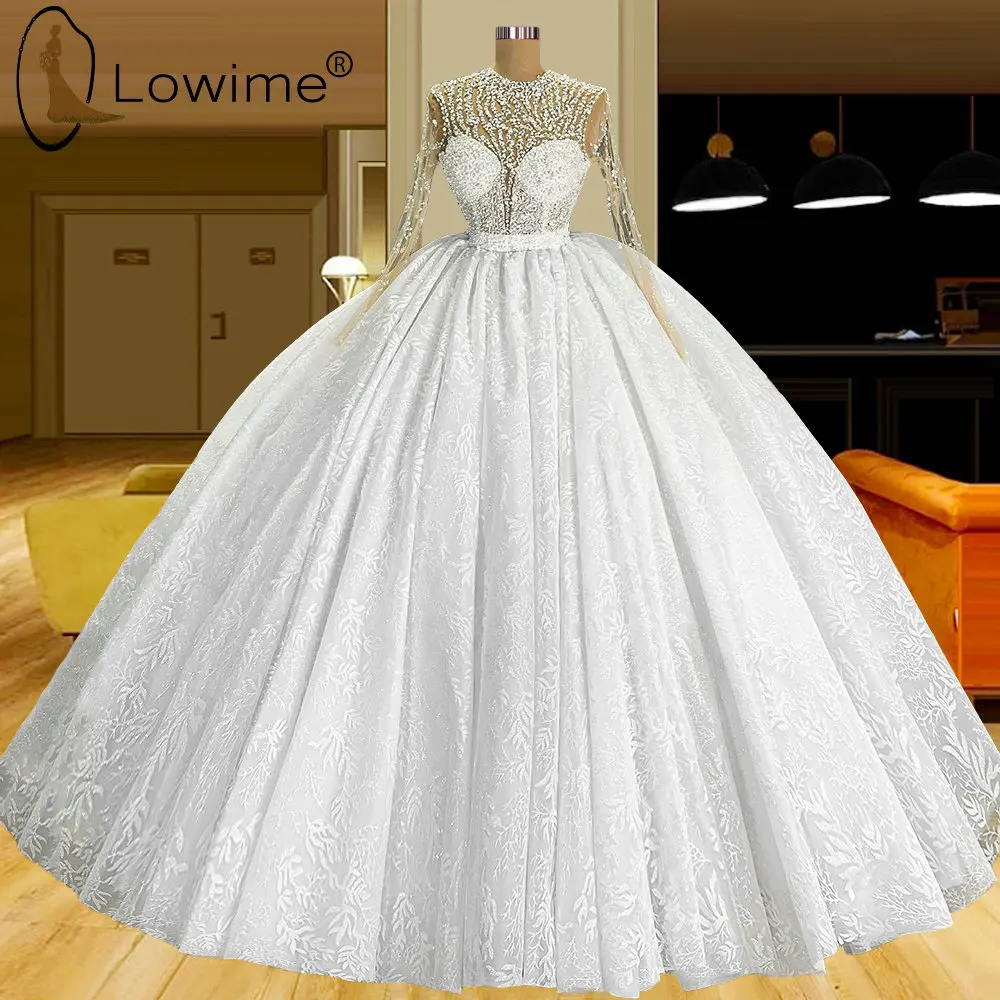 

Lowime Dubai Ivory Puffy Ball Gown Lace Wedding Dresses Long Sleeves Pearls Bridal Gowns Custom Made Vestidos De Novia 2022