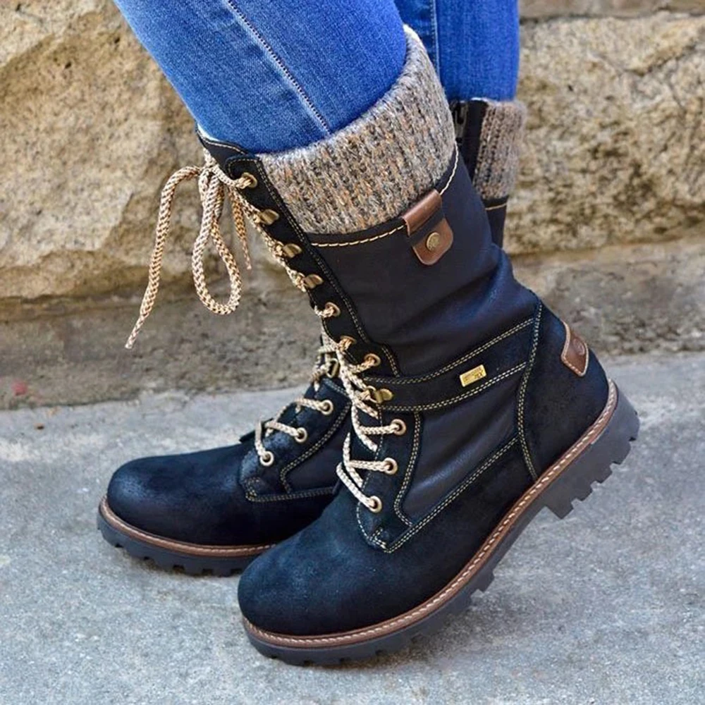 Puimentiua Winter Shoes Women Boots Basic Mid-Calf Boots Round Toe Zip Platform Decor Female Shoes Warm Lace Up Boots Shoes