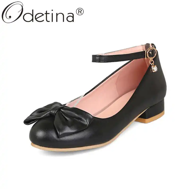 

Odetina Women New Elegant Crystal Round Toe Block Low Stacked Heel Female Fashion Sweet Buckle Strap Bow Sweet Mary Janes Shoes