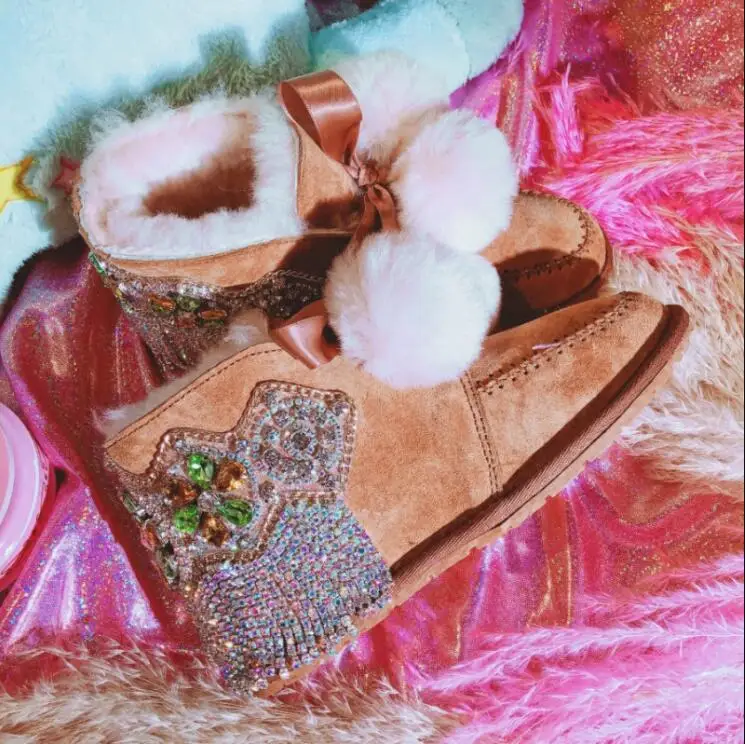 Women Shoes Woman Boots Snow Boots New Winter Handmade Rhinestones Gem Tassel Sheep Fur One Warm Thick Snow Boots X104 - Цвет: Коричневый